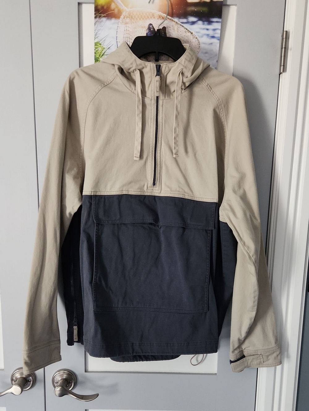 Men's Two-Tone Hooded Anorak Jacket - Beige & Blue